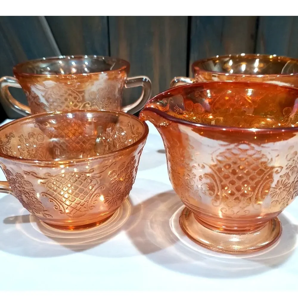 569. Set of 4 Pcs Federal Glass Normandie Bouquet Lattice Cream Sugar
